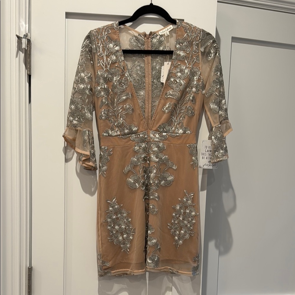 For Love And Lemons Silver Floral Mesh Dress